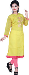 SMSAREE Yellow Designer Casual Partywear Cotton (Chanderi) Thread Hand Embroidery Work Stylish Women Kurti Kurta With Free Matching Leggings D258