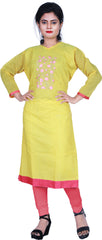 SMSAREE Yellow Designer Casual Partywear Cotton (Chanderi) Thread Hand Embroidery Work Stylish Women Kurti Kurta With Free Matching Leggings D258