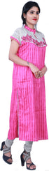 SMSAREE Pink & White Designer Casual Partywear Raw Silk & Cotton Net Thread & Pearl Hand Embroidery Work Stylish Women Kurti Kurta With Free Matching Leggings D274