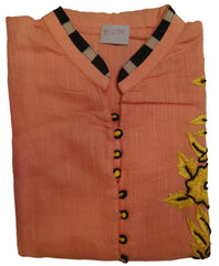 Peach Designer Cotton (Chanderi) Hand Embroidery Thread Beads Work Kurti Kurta D276
