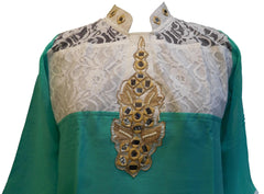 Turquoise & White Designer Georgette (Viscos) Hand Embroidery Thread Mirror Zari Pearl Work Kurti Kurta D277
