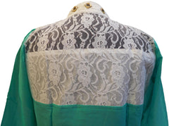 Turquoise & White Designer Georgette (Viscos) Hand Embroidery Thread Mirror Zari Pearl Work Kurti Kurta D277