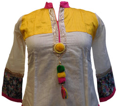 White & Yellow Designer Cotton (Chanderi) Hand Embroidery Thread Gota Work Kurti Kurta D278