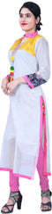 SMSAREE White & Yellow Designer Casual Partywear Cotton (Chanderi) Zari & Thread Hand Embroidery Work Stylish Women Kurti Kurta With Free Matching Leggings D278