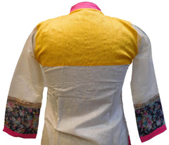 White & Yellow Designer Cotton (Chanderi) Hand Embroidery Thread Gota Work Kurti Kurta D278