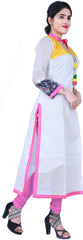 SMSAREE White & Yellow Designer Casual Partywear Cotton (Chanderi) Zari & Thread Hand Embroidery Work Stylish Women Kurti Kurta With Free Matching Leggings D278