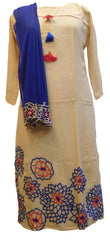 Beige Designer Georgette (Viscos) Hand Embroidery Thread Work Kurti Kurta With Blue Dupatta D279