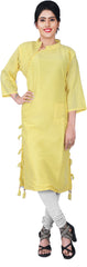 SMSAREE Yellow Designer Casual Partywear Satin Silk Self Hand Embroidery Work Stylish Women Kurti Kurta With Free Matching Leggings D282