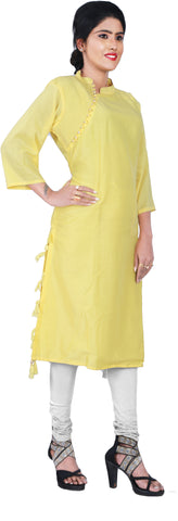 SMSAREE Yellow Designer Casual Partywear Satin Silk Self Hand Embroidery Work Stylish Women Kurti Kurta With Free Matching Leggings D282