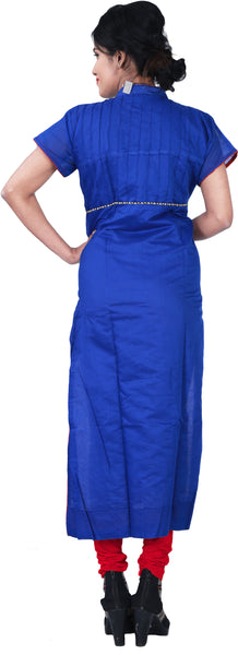 SMSAREE Blue Designer Casual Partywear Cotton (Chanderi) Thread & Pearl Hand Embroidery Work Stylish Women Kurti Kurta With Free Matching Leggings D284