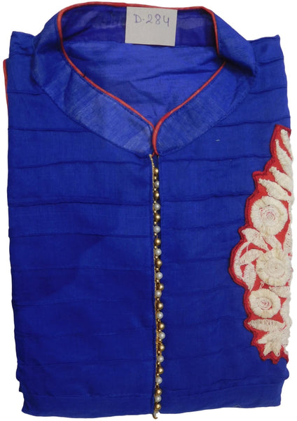 Blue Designer Cotton (Chanderi) Hand Embroidery Thread Pearl Work Kurti Kurta D284
