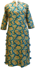 Yellow & Turquoise Designer Pure Cotton Hand Brush Printed Gown Style Kurti Kurta D287