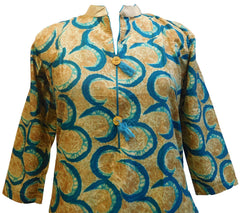 Yellow & Turquoise Designer Pure Cotton Hand Brush Printed Gown Style Kurti Kurta D287