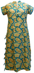 Yellow & Turquoise Designer Pure Cotton Hand Brush Printed Gown Style Kurti Kurta D290