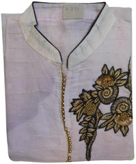 White Designer Cotton (Chanderi) Hand Embroidery Thread Sequence Zari Beads Pearl Work Kurti Kurta D291