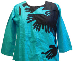 Turquosie & Black Designer Silk (Muslin) Hand Embroidery Thread Aplic Work Gown Style Kurti Kurta D292