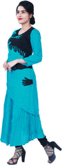 SMSAREE Turquoise & Black Designer Casual Partywear Pure Satin Cotton Applick Hand Embroidery Work Stylish Women Kurti Kurta With Free Matching Leggings D292
