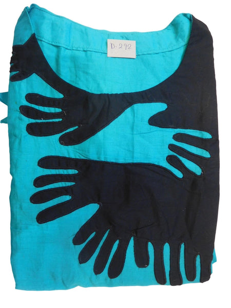 Turquosie & Black Designer Silk (Muslin) Hand Embroidery Thread Aplic Work Gown Style Kurti Kurta D292