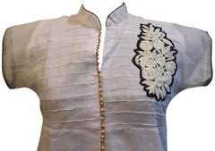 White Designer Cotton (Chanderi) Hand Embroidery Thread Pearl Work Kurti Kurta D294