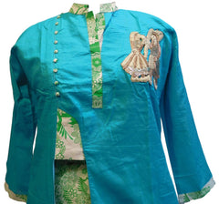 Turquoise Designer Silk (Muslin) Hand Embroidery Thread Zari Sequence Work Butique Style Kurti Kurta With Matching Plazo D297
