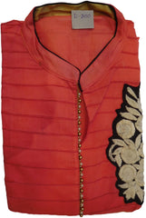 Red Designer Cotton (Chanderi) Hand Embroidery Thread Pearl Work Kurti Kurta D300