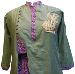 Green Designer Silk (Muslin) Hand Embroidery Thread Zari Sequence Work Butique Style Kurti Kurta With Matching Plazo D303