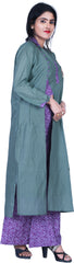 SMSAREE Turquoise & Purple Designer Casual Partywear Satin Silk Kurti & Printed Cotton Plazo Zari Sequence & Thread Hand Embroidery Work Stylish Women Kurti Kurta With Free Matching Leggings D303