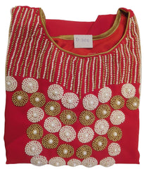 Red Designer Georgette Hand Embroidery Beads Pearl Work Kurti Kurta D306