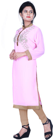 SMSAREE Baby-Pink Designer Casual Partywear Georgette Beads & Thread Hand Embroidery Work Stylish Women Kurti Kurta With Free Matching Leggings D312
