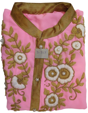 Baby Pink Designer Georgette Hand Embroidery Thread Beads Pearl Work Kurti Kurta D313