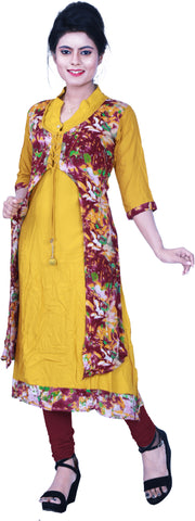 SMSAREE Yellow & Marron Designer Casual Partywear Rayon Stone & Pearl Hand Embroidery Work Stylish Women Kurti Kurta With Free Matching Leggings D315