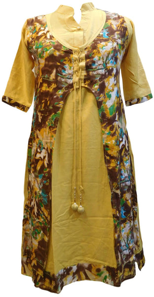Yellow & Brown Designer Silk (Rayon) Printed Butique Style Jacket Kurti Kurta D317