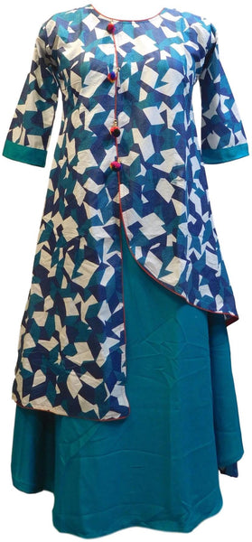 Turquoise Blue & White Designer Silk (Rayon) Printed Butique Style Jacket Kurti Kurta D322