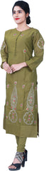 SMSAREE Mehndi Green Designer Casual Partywear Muslin Silk Zari Sequence & Thread Hand Embroidery Work Stylish Women Kurti Kurta With Free Matching Leggings D334