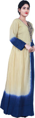 SMSAREE Beige & Blue Designer Casual Partywear Muslin Silk Zari Sequence & Thread Hand Embroidery Work Stylish Women Kurti Kurta With Free Matching Leggings D336