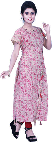 SMSAREE Beige & Red Designer Casual Partywear Pure Cotton Printed Thread Hand Embroidery Work Stylish Women Kurti Kurta With Free Matching Leggings D340