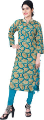 SMSAREE Brown & Turquoise Designer Casual Partywear Pure Cotton Printed Thread Hand Embroidery Work Stylish Women Kurti Kurta With Free Matching Leggings D343