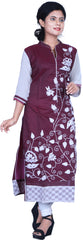 SMSAREE Wine & White Designer Casual Partywear Cotton (Chanderi) Thread Hand Embroidery Work Stylish Women Kurti Kurta With Free Matching Leggings D344