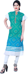 SMSAREE Green Blue & White Designer Casual Partywear Cotton (Supernet) Chunari Printed Stone Hand Embroidery Work Stylish Women Kurti Kurta With Free Matching Leggings D358