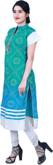 SMSAREE Green Blue & White Designer Casual Partywear Cotton (Supernet) Chunari Printed Stone Hand Embroidery Work Stylish Women Kurti Kurta With Free Matching Leggings D358