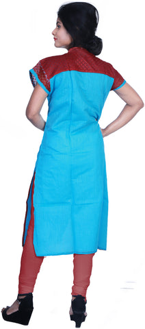 SMSAREE Blue & Red Designer Casual Partywear Cotton (Chanderi) Thread Hand Embroidery Work Stylish Women Kurti Kurta With Free Matching Leggings D363