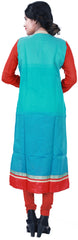 SMSAREE Turquoise & Red Designer Casual Partywear Cotton (Chanderi) & Georgette Viscos Sleeves Thread Cutdana Sequence & Beads Hand Embroidery Work Stylish Women Kurti Kurta With Free Matching Leggings D370