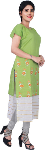 SMSAREE Green Designer Casual Partywear Pure Cotton Thread & Gota Hand Embroidery Work Stylish Women Kurti Kurta With Free Matching Leggings D512