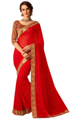 Red Chiffon Full Designer Saree Sari