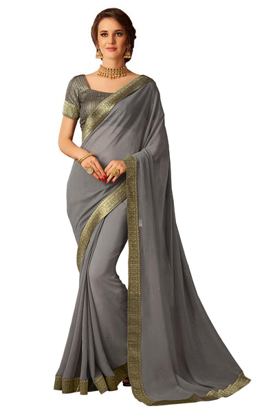 Grey Chiffon Full Designer Saree Sari