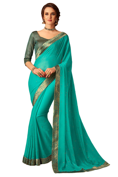 Turquoise Chiffon Full Designer Saree Sari