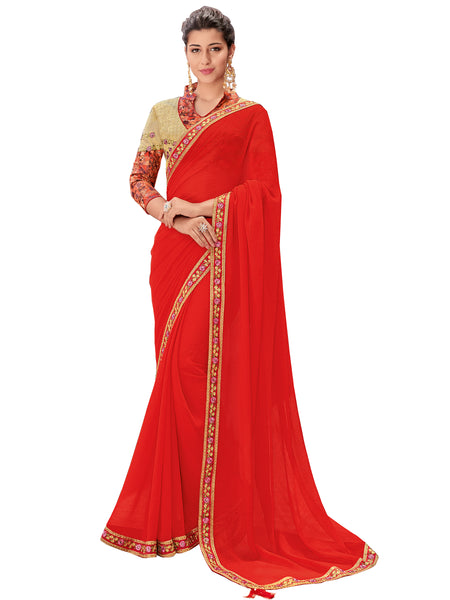 Red Chiffon Heavy Designer Saree Sari