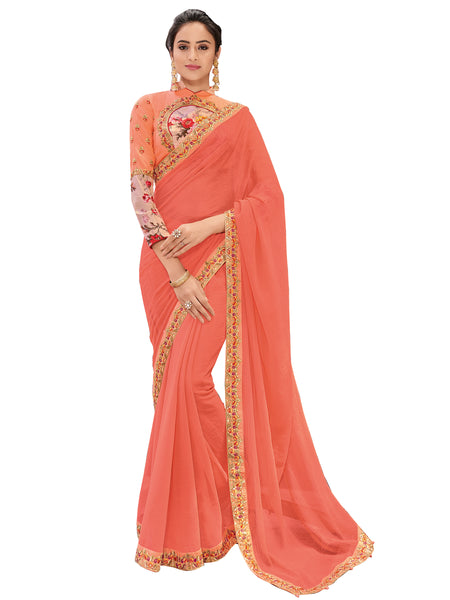 Peach Chiffon Heavy Designer Saree Sari