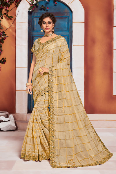 Gold Jute Silk Fancy Designer Saree Sari