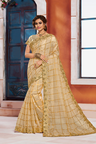 Gold Jute Silk Fancy Designer Saree Sari